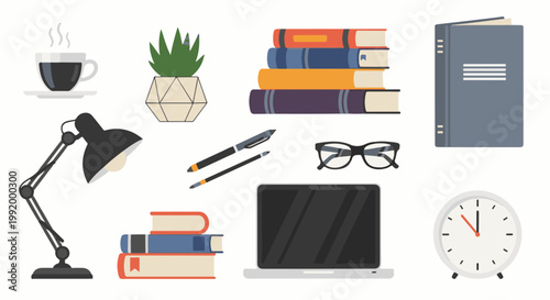 A collection of study and work items including books, a laptop, a lamp, and coffee
