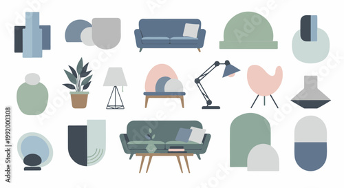 A collection of stylized abstract furniture and decorative objects in muted pastel colors