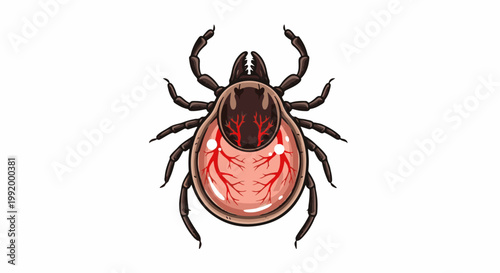A detailed illustration of a tick, showing its internal circulatory system with red vessels