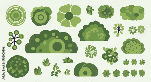A collection of stylized green plants viewed from above