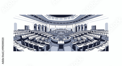 A detailed, monochromatic, pixelated drawing of an empty, circular legislative assembly hall
