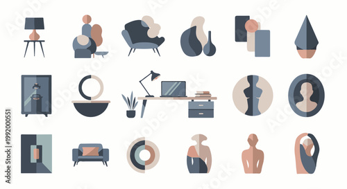 A collection of stylized icons depicting interior design elements and abstract human forms