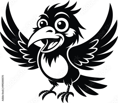Cute Cartoon Crow Mascot Vector Illustration Black and White Funny Bird Character with Wings Spread Isolated on White Background for Logo, Sticker, Kids Design, and Branding