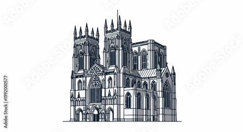 A detailed sketch of a grand Gothic cathedral with intricate spires, arches, and windows