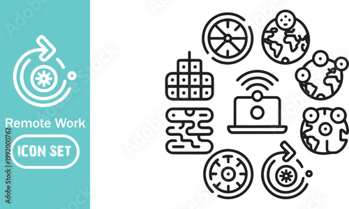 Remote Work and Hybrid Office Icon Set, Global Connectivity, Time Management, Flexible Workspace, and Digital Nomad Lifestyle Line Art Vector Symbols for Business and Technology