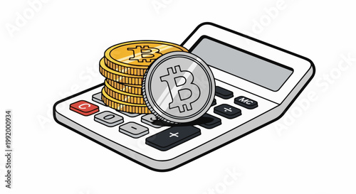 A digital currency calculator with stacked coins on its keypad