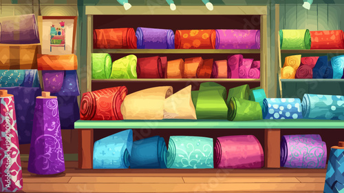 A charming, pixelated illustration depicts a fabric shop. Rolls of textile adorn shelves