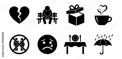 Emotional icons, black silhouette set, 8 symbols, flat design