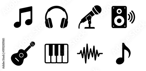 Music icons, audio symbols, sound equipment, music notes