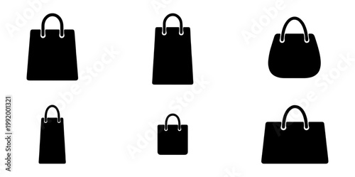 Black shopping bags, handbags, pouches, vector icons, 6 pieces