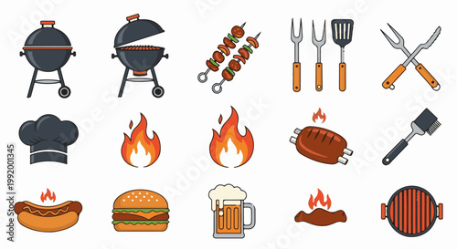A collection of barbecue-themed illustrations, including grills, food, and cooking tools