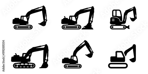 Excavator icons, construction vehicles, digger symbols, heavy equipment, black silhouette