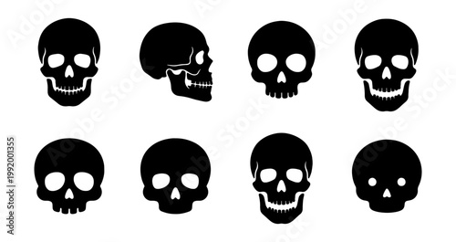 Black skull icons, death symbols, skeleton heads, vector graphics