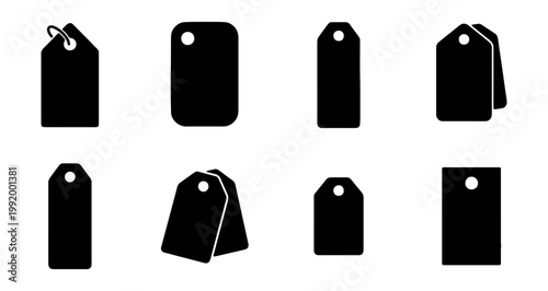 Black price tags, label icons, blank tags, vector set