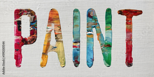 the word PAINT written in multicoloured inpasto oil or acrylic paint with the colours and textures blending into one another on a white fine texteured canvas