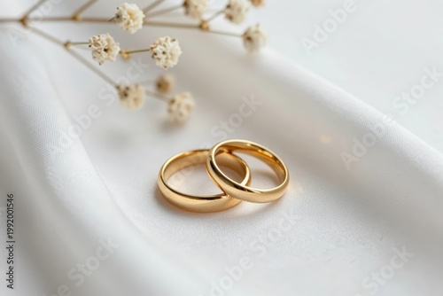 Two gold wedding rings placed on a white fabric with small flowers nearby