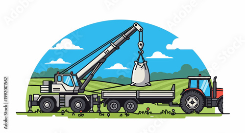 A crane unloads a large bag from a truck onto a tractor trailer in a sunny field