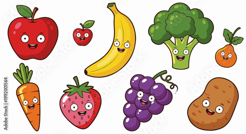 A collection of cartoon fruits and vegetables with happy faces