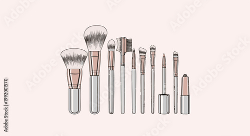 A collection of various makeup brushes and applicators arranged horizontally against a pale pink background