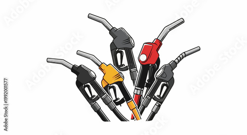 A cluster of cartoon-style fuel nozzles in various colors, pointing upwards