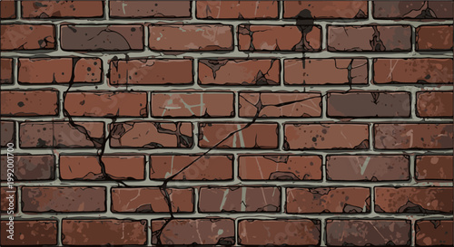 A close-up view of a distressed, weathered brick wall with prominent cracks and chipped edges