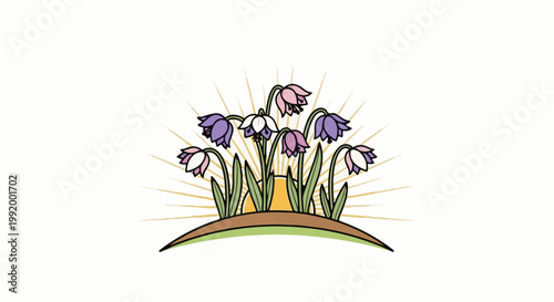 A cluster of bell-shaped flowers in shades of purple and pink, with a sunburst behind them