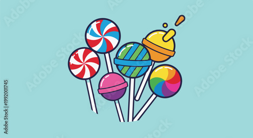 A collection of colorful, cartoon-style lollipops on light blue background