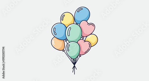 A collection of colorful, cheerful balloons, including heart shapes, tied together with strings