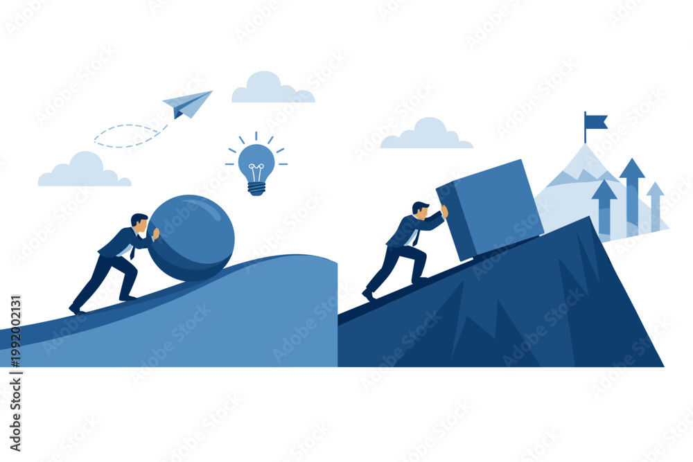 Fototapeta premium Corporate Professionals Shoving Orb and Block Upward Representing Productivity and Intelligent Labor Versus Grueling Task Comparison; Modern Tactical Solutions for Market Rivalry.