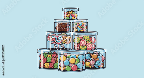 A colorful assortment of candies fills glass jars stacked in a pyramid on a light blue background