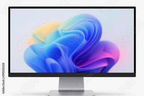 Modern computer monitor displays colorful abstract design with smooth curves and gradients