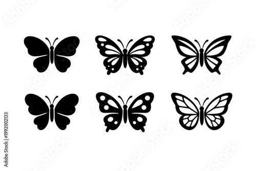 Set of six black butterfly vector icons featuring diverse wing patterns and silhouettes, ideal for nature-inspired logos, decorative elements, tattoo designs, and minimalist graphic projects.