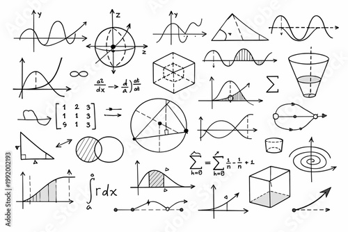 Hand Drawn Mathematical Formulas and Geometric Diagrams Set with Algebra Calculus Trigonometry and Physics Sketches including Graphs Equations Shapes Functions and Scientific Calculations on White