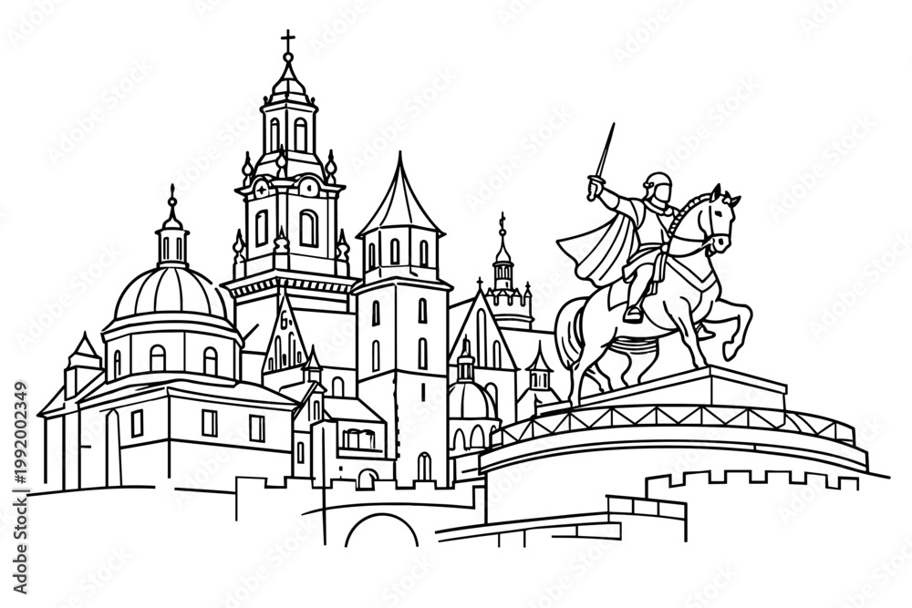 Fototapeta premium Linear Sketch of Wawel Cathedral in Krakow, Poland, Featuring the Historical Equestrian Statue of Tadeusz Kościuszko, Simple Flat Vector Illustration for Travel, Architecture, and Coloring Book.