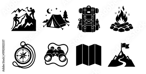 Camping, hiking, adventure icons, black silhouette set, 8 elements, vector graphics