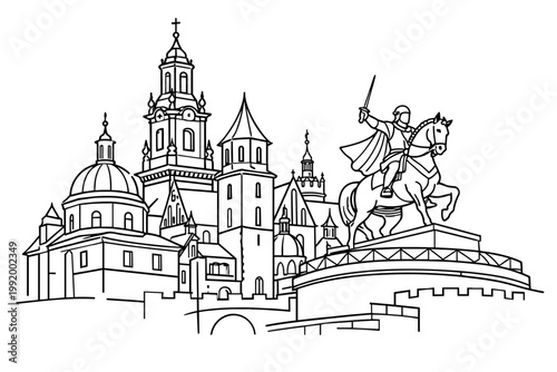 Linear Sketch of Wawel Cathedral in Krakow, Poland, Featuring the Historical Equestrian Statue of Tadeusz Kościuszko, Simple Flat Vector Illustration for Travel, Architecture, and Coloring Book.