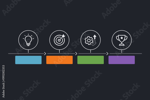 Minimalist Business Infographic Template with 4 Steps on a Horizontal Timeline Strip, Dark Background Vector Illustration for Process Flow, Strategy Planning, Success Roadmap, and Project Chart.