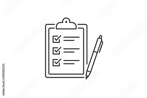 Minimalist Line Art Illustration of a Clipboard with a Checklist and Pen, Simple Flat Vector Design for Business Planning, To-Do Lists, Project Management, and Educational Task Tracking.