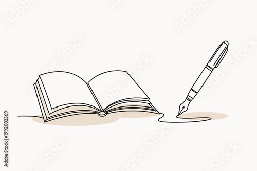 Continuous line drawing of an open book and fountain pen, minimalist vector art representing education, writing, literature, and creative storytelling for academic and professional projects.