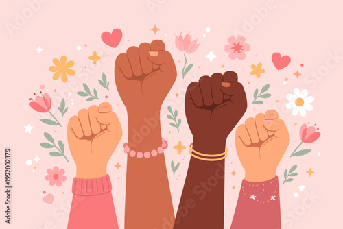 Empowering International Women's Day Vector Illustration with Diverse Raised Fists for Unity, Strength, and Gender Equality, Decorated with Flowers and Hearts on a Soft Pink Background.