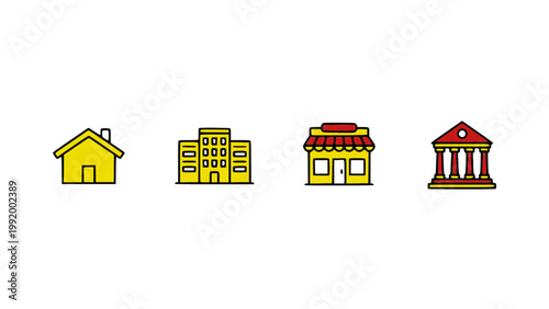 Bright icons of houses, stores, and city landmarks