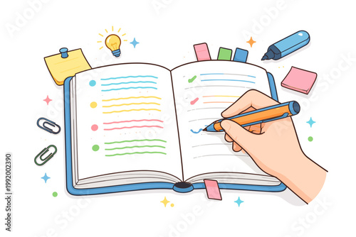Hand writing in an open notebook with a pen, colorful sticky notes, paper clips, highlighter, and lightbulb icon. Flat vector illustration for education, planning, brainstorming, and creativity.