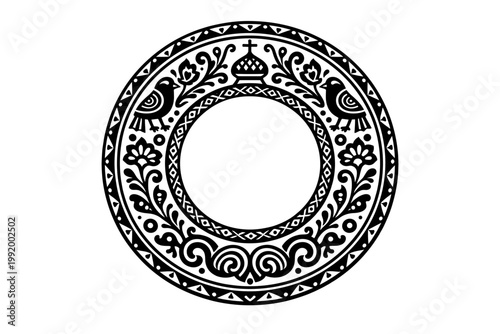 Vector Round Black Contour Ancient Russian Ornament Slavic Border Frame Circle Ring Traditional Folk Art Style with Birds and Floral Patterns Isolated on White Background Illustration