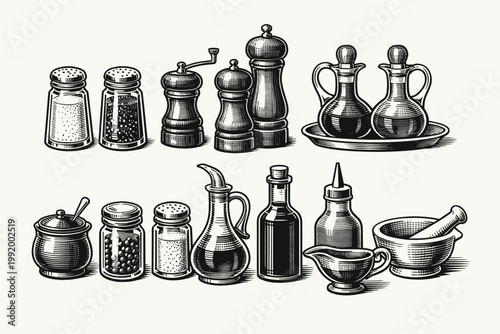 Vintage Woodcut Engraving Illustration Collection of Kitchen Condiments and Spice Containers with Salt and Pepper Shakers, Grinders, Oil and Vinegar Cruets, Mortar and Pestle, and Gravy Boat