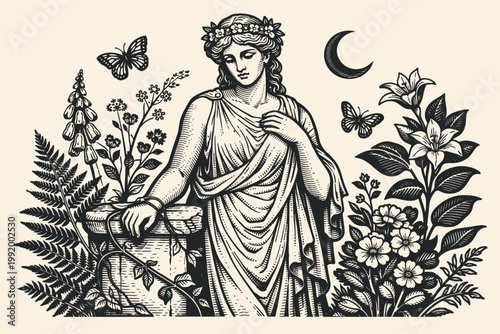 Vintage Engraving of a Classical Goddess or Muse in a Botanical Garden with Butterflies and Crescent Moon, Woodcut Style Vector Illustration of a Woman with Floral Wreath and Ancient Greek Attire