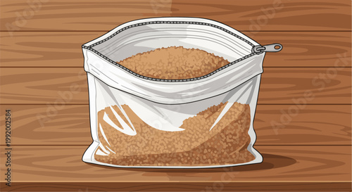 A clear plastic resealable bag filled with granulated brown material rests on a wooden surface