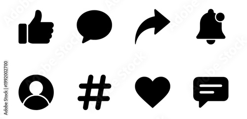 Social media icons, black, flat design, symbol set
