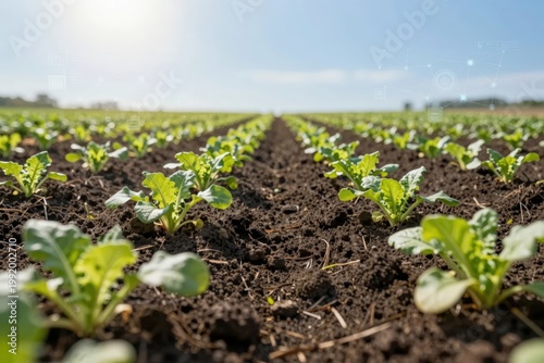 Rows of green plants grow in a large field under a clear blue sky