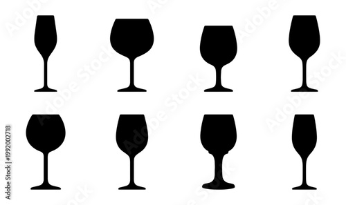 Wine glasses, black silhouettes, vector icons, drinking glasses