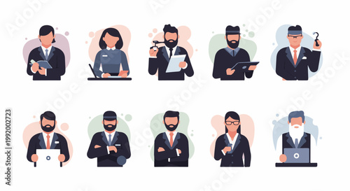 A collection of diverse business professionals in flat illustration style, with varied genders and appearances, engaged in work activities